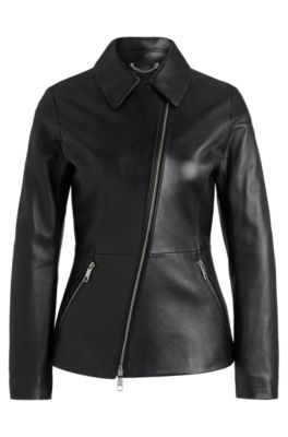 BOSS - Leather jacket with asymmetric two-way zip