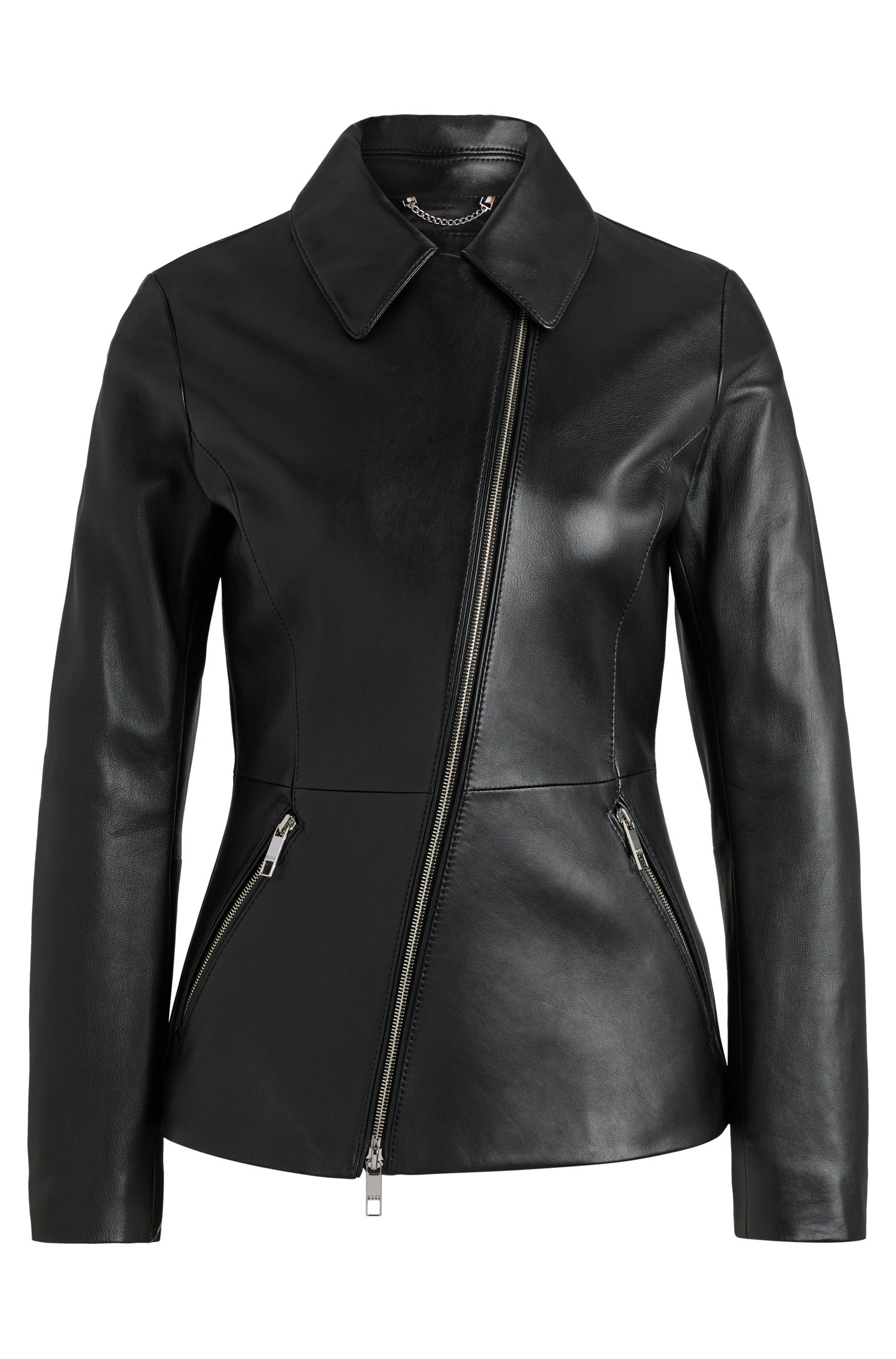 Leather jacket with asymmetric two-way zip