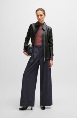 Leather jacket with asymmetric two-way zip, Black