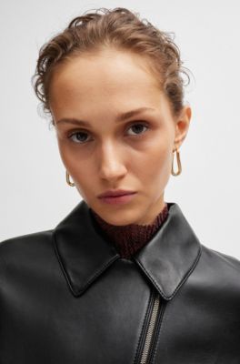 Leather jacket with asymmetric two-way zip, Black