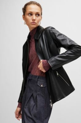Leather jacket with asymmetric two-way zip, Black