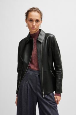Leather jacket with asymmetric two-way zip, Black