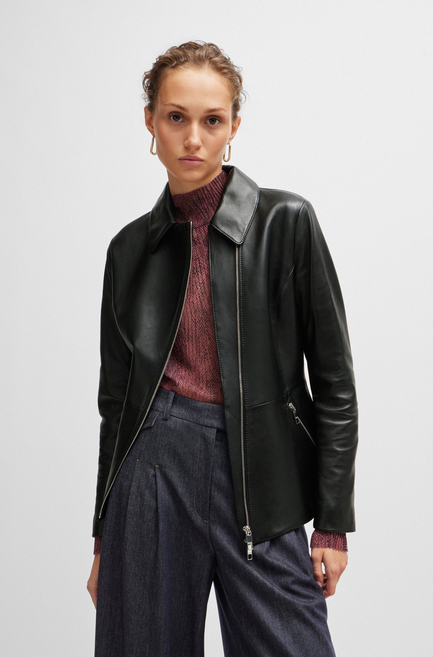 Leather jacket with asymmetric two-way zip