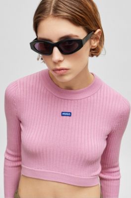 Cropped sweater with blue logo label, Pink