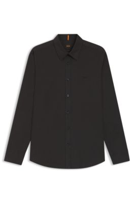 Regular-fit cotton-poplin shirt with embroidered logo, Black
