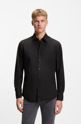 Regular-fit cotton-poplin shirt with embroidered logo, Black