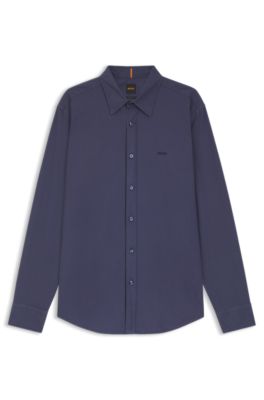 Camisa regular fit en popel&iacute;n de algod&oacute;n con logo bordado, Azul oscuro