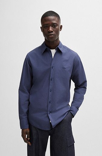 Camisa regular fit de popelín de algodón con cuello Kent, Azul oscuro