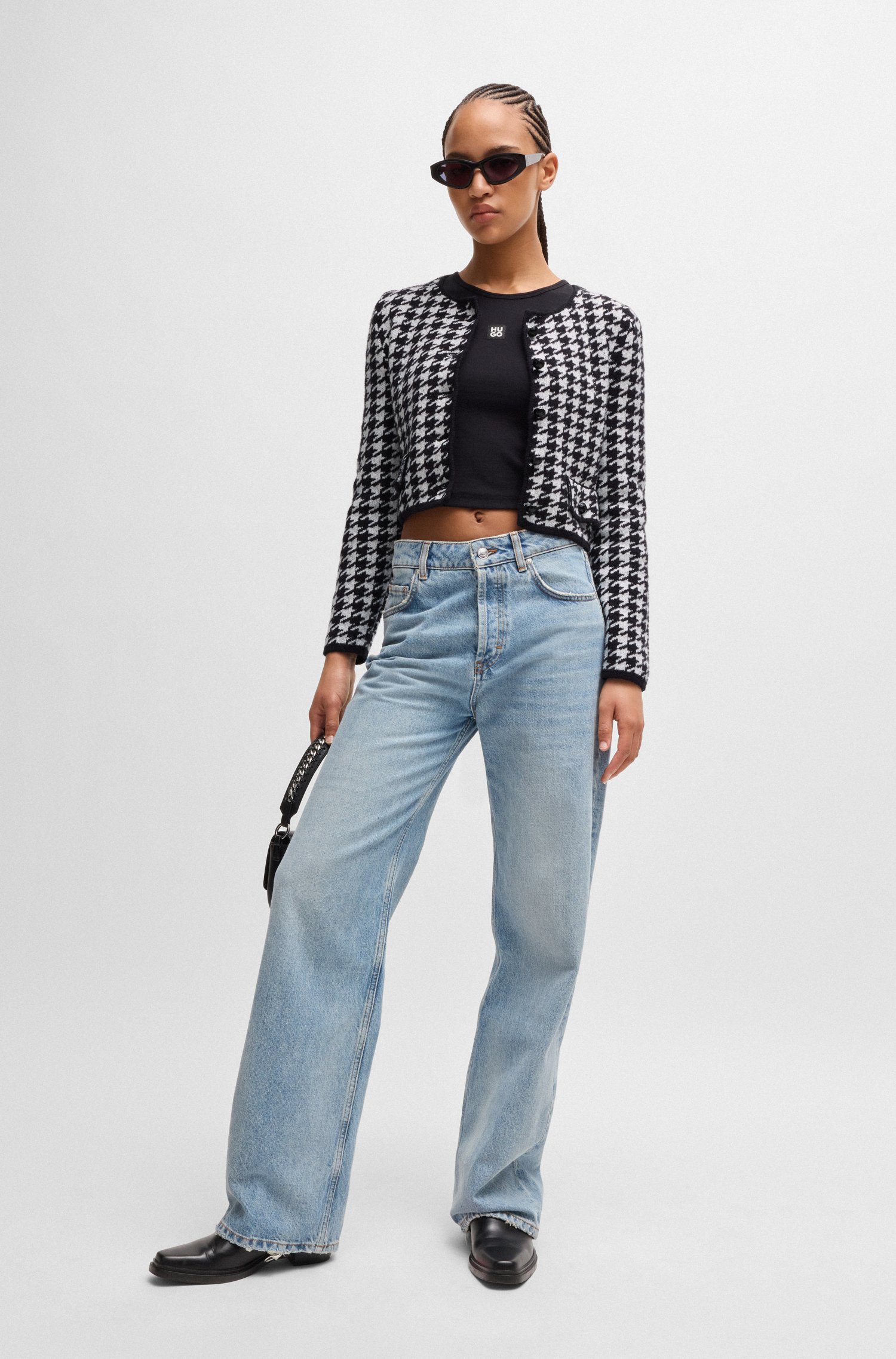 Cropped cardigan a houndstooth cotton blend