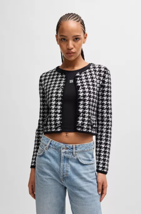 Cropped cardigan in a houndstooth cotton blend
