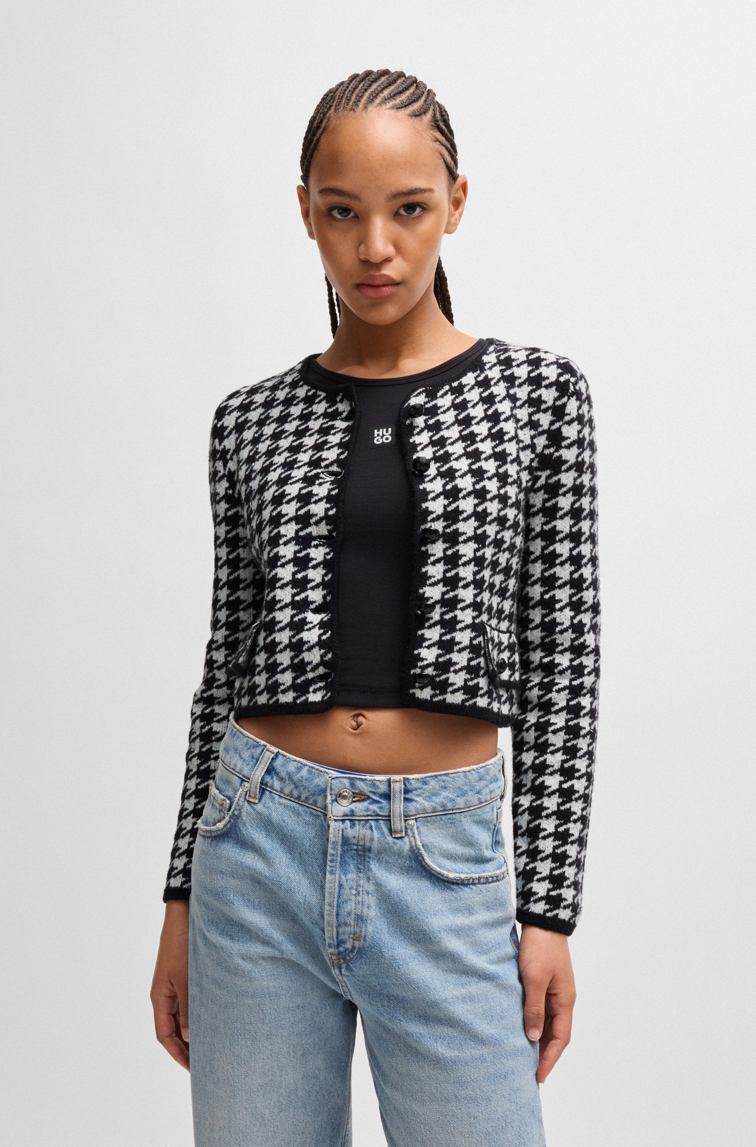 Cropped cardigan a houndstooth cotton blend