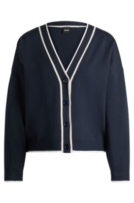 Hugo Boss V-neck Cardigan In Stretch Fabric With Button Closure In Dark Blue