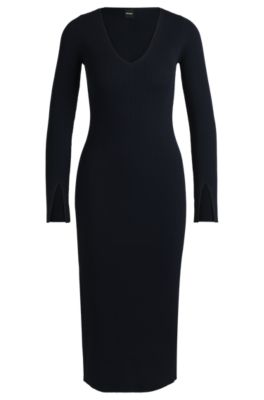 Hugo Boss Long-sleeved Knitted Dress With Ribbed Structure And V Neckline In Dark Blue