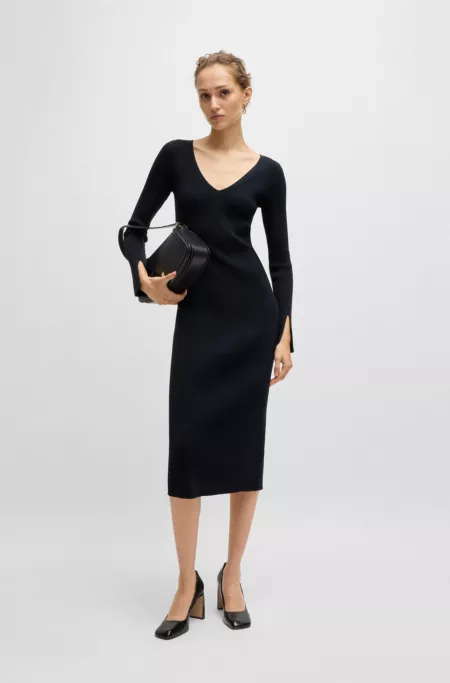 Long-sleeved V-neck dress with ribbed knit