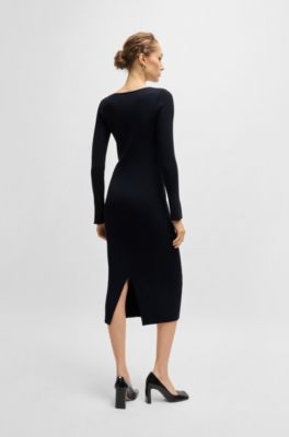 Vestido de manga larga en punto de canal&eacute; con escote en pico, Azul oscuro