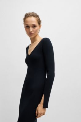 Vestido de manga larga en punto de canal&eacute; con escote en pico, Azul oscuro