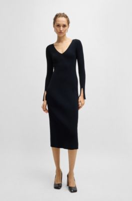 Vestido de manga larga en punto de canal&eacute; con escote en pico, Azul oscuro