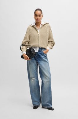 Structured cardigan in mercerized cotton and wool, Light Beige