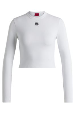Hugo Boss Cotton-blend Slim-fit Top With Stacked Logo In White
