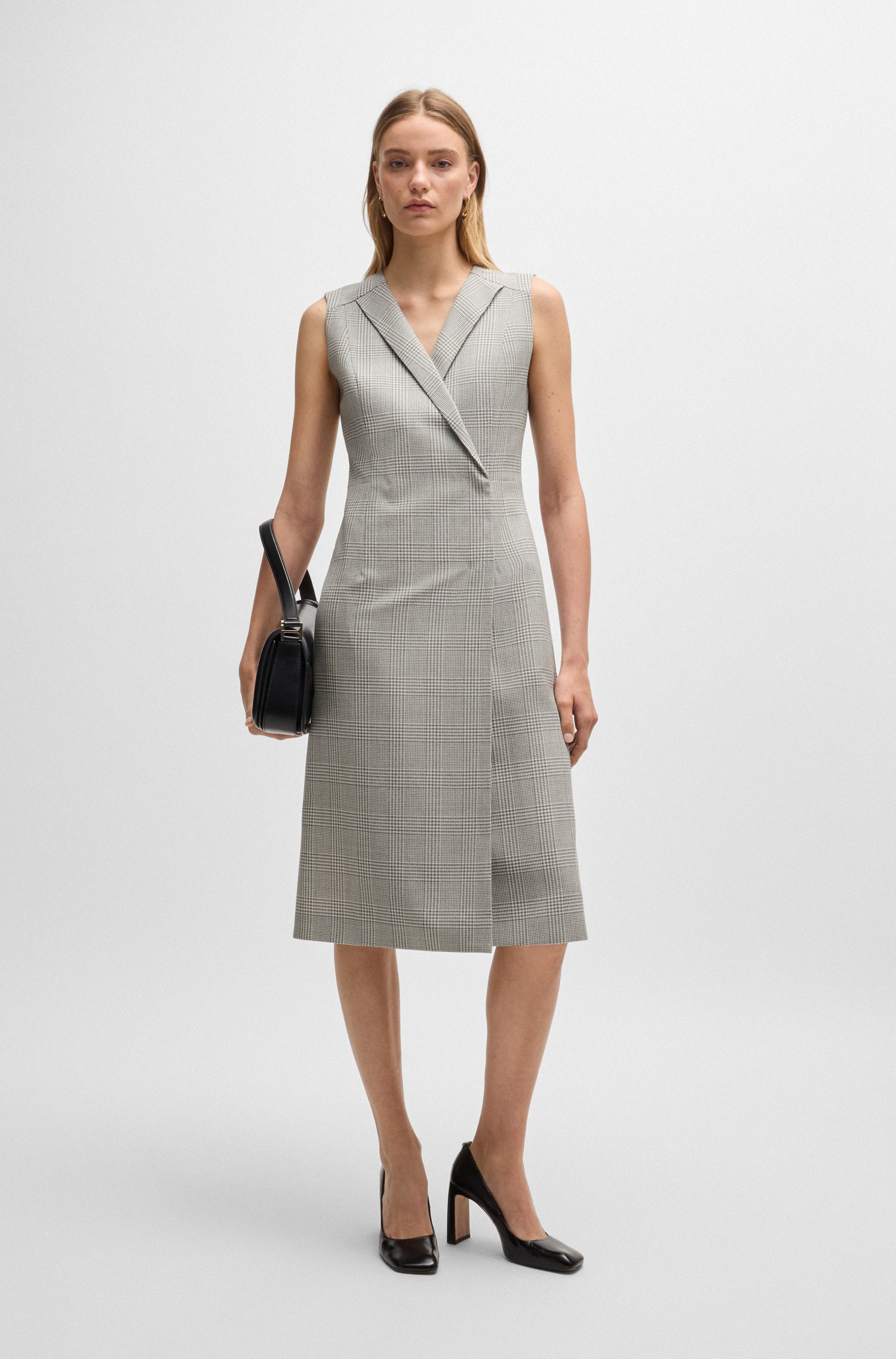 Wrap-front dress checked virgin-wool crepe