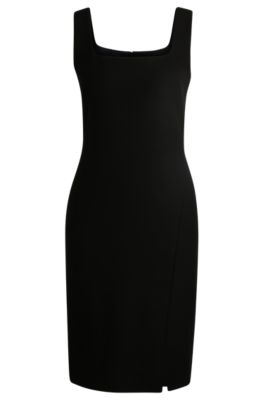 Shop Hugo Boss Square-neck Dress In Stretch Material With Front Slit In Black