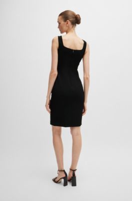 Square-neck dress in stretch material with front slit