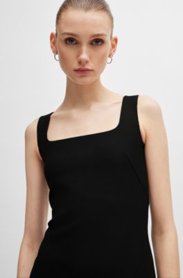 Robe &agrave; encolure carr&eacute;e en mati&egrave;re stretch avec fente sur le devant, Noir