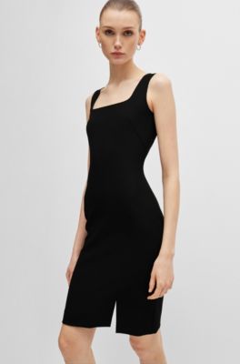 BOSS - Square-neck dress in stretch material with front slit