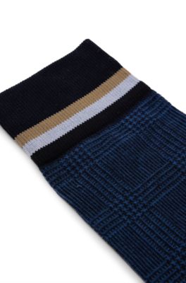Chaussettes mi-hautes en coton stretch merceris&eacute; &agrave; carreaux, Bleu fonc&eacute;