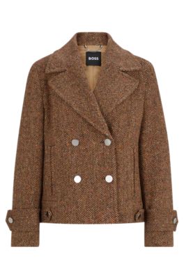 Hugo Boss Regular-fit Double-breasted Coat In Herringbone Tweed In Patterned
