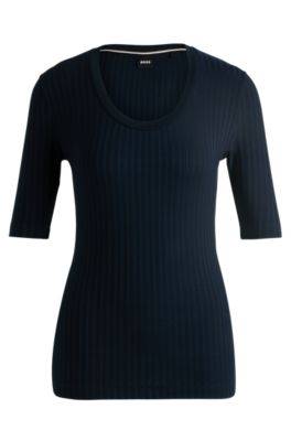Hugo Boss Scoop-neck Top In Stretch Fabric In Dark Blue