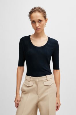Top de cuello redondo en tejido el&aacute;stico, Azul oscuro