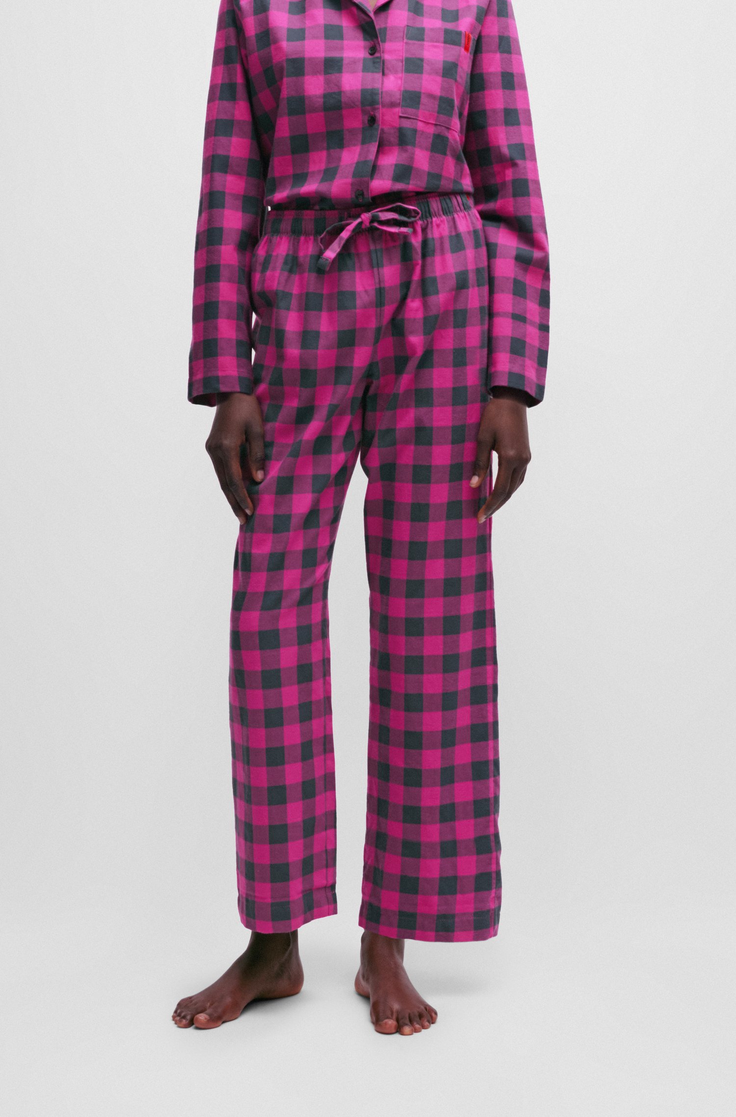 Drawstring pajama bottoms checked cotton flannel