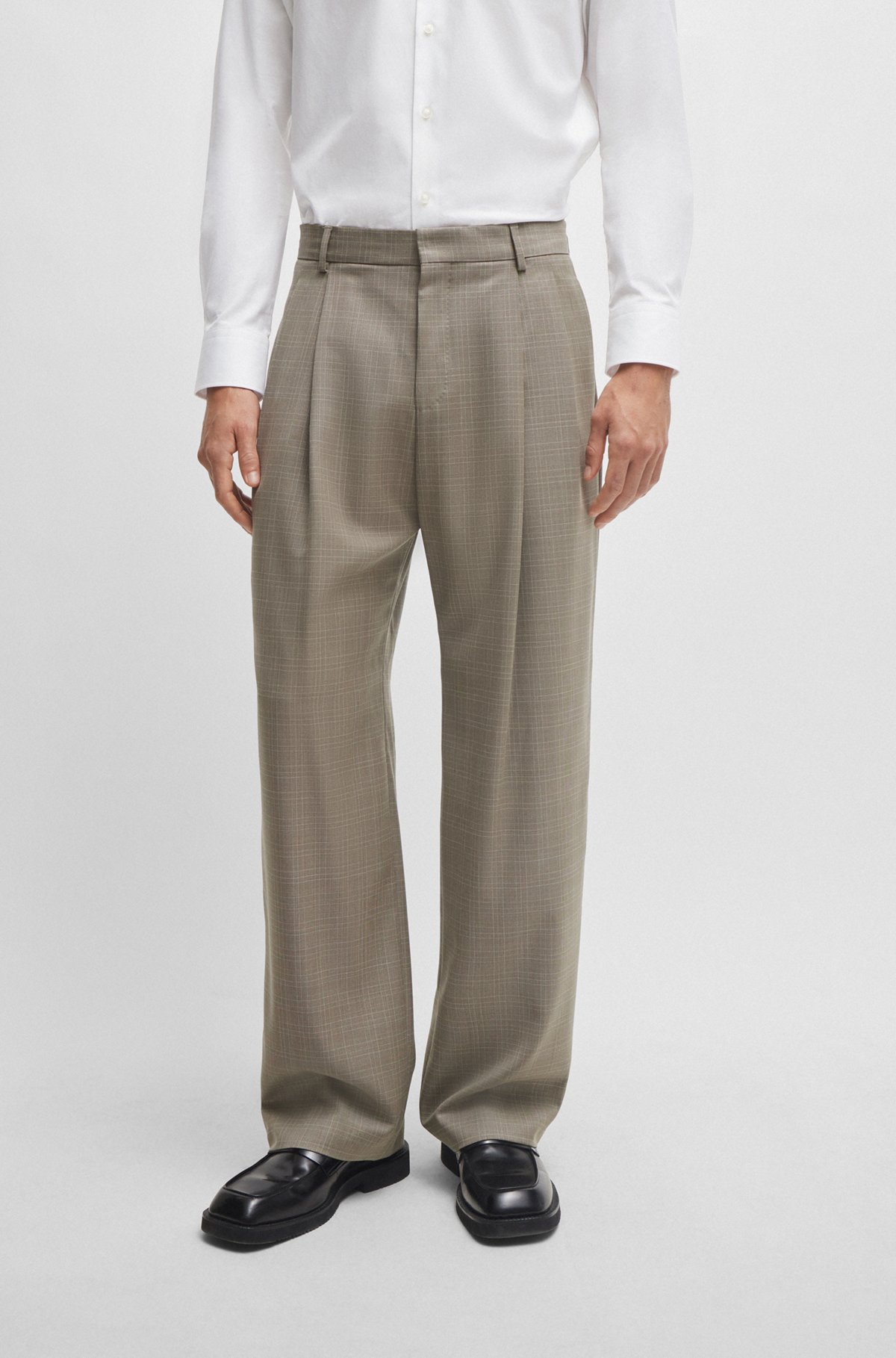 BOSS - Relaxed-fit trousers in checked virgin-wool serge - Beige BOSS - Relaxed-fit trousers in checked virgin-wool serge - Beige