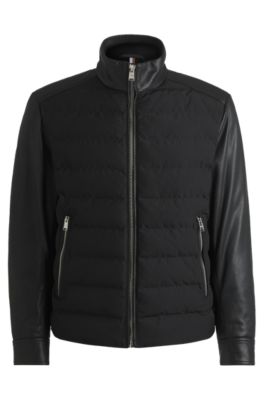 Mixed-material regular-fit jacket with leather sleeves, Black
