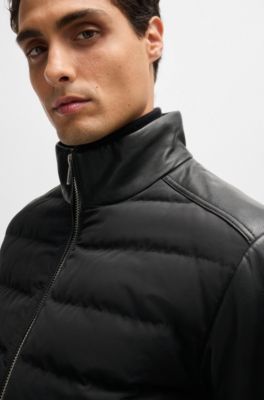 BOSS - Mixed-material regular-fit jacket with leather sleeves - Black