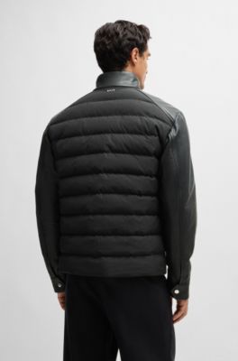 BOSS - Mixed-material regular-fit jacket with leather sleeves - Black