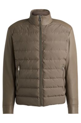 Mixed-material regular-fit jacket with leather sleeves, Light Green