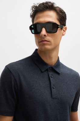 Slim-fit polo shirt with striped collar, Dark Blue