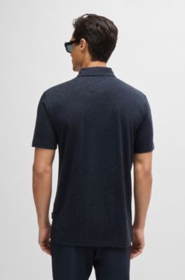 Slim-fit polo shirt with striped collar, Dark Blue