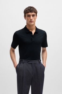 Regular-fit polo shirt in quilted cotton and silk, Dark Blue