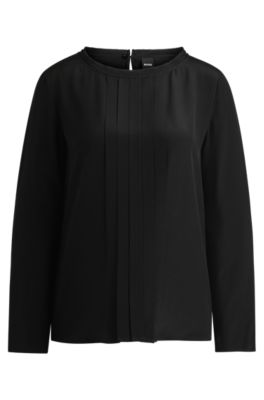 Hugo Boss Long-sleeved Blouse In Washed Silk With Pleated Front In Black