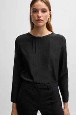 Long-sleeved blouse in washed silk with pleated front, Black