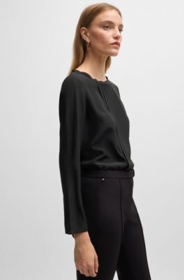 Long-sleeved blouse in washed silk with pleated front, Black