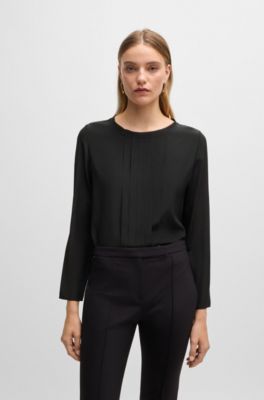 Long-sleeved blouse in washed silk with pleated front, Black