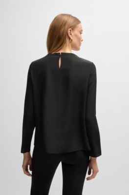 Long-sleeved blouse in washed silk with pleated front, Black