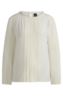 Shop Hugo Boss Long-sleeved Blouse In Washed Silk With Pleated Front In White