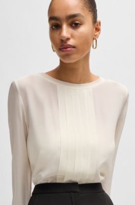 Long-sleeved blouse in washed silk with pleated front, White