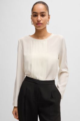 Long-sleeved blouse in washed silk with pleated front, White