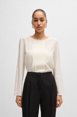 Long-sleeved blouse in washed silk with pleated front, White